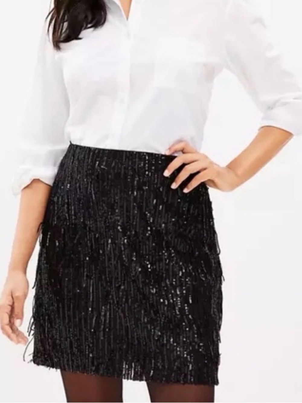 LOFT Black Sequin Fringe Mini Skirt 6 - Picture 1 of 4